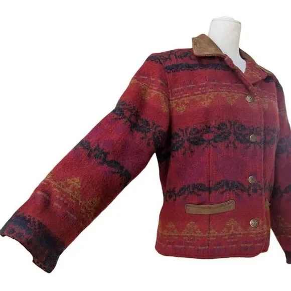 Vintage Woolrich Jacket Red Southwestern Aztec Suede Trim Wool USA Size S Button - Picture 9 of 10